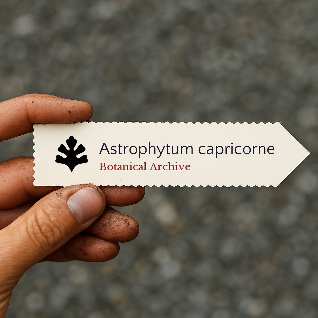 Etichetta per pianta stampata per Astrophytum capricorne tenuta da mano sporca all'aperto