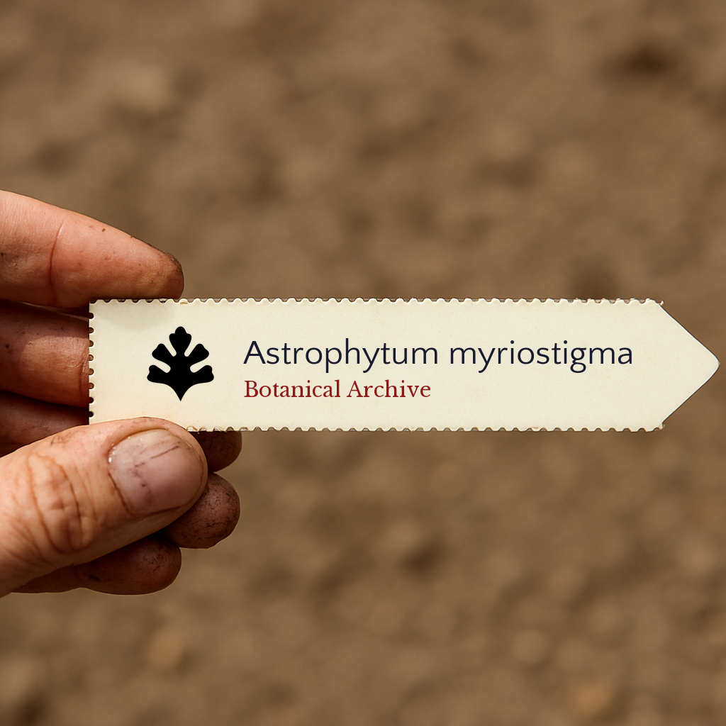Printed plant label for Astrophytum myriostigma held by hand with soil background