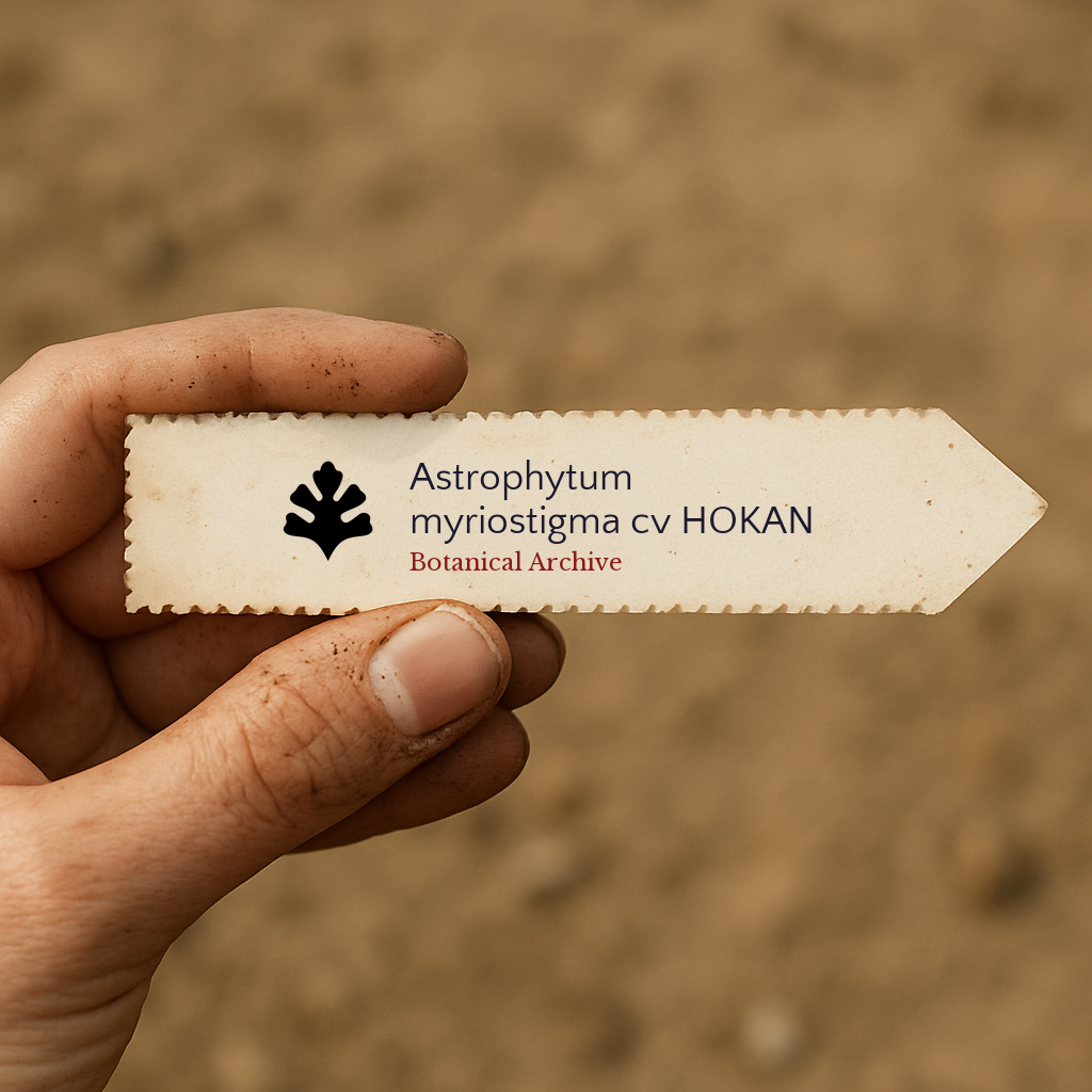 Printed plant label for Astrophytum myriostigma cv HOKAN held by hand with soil background