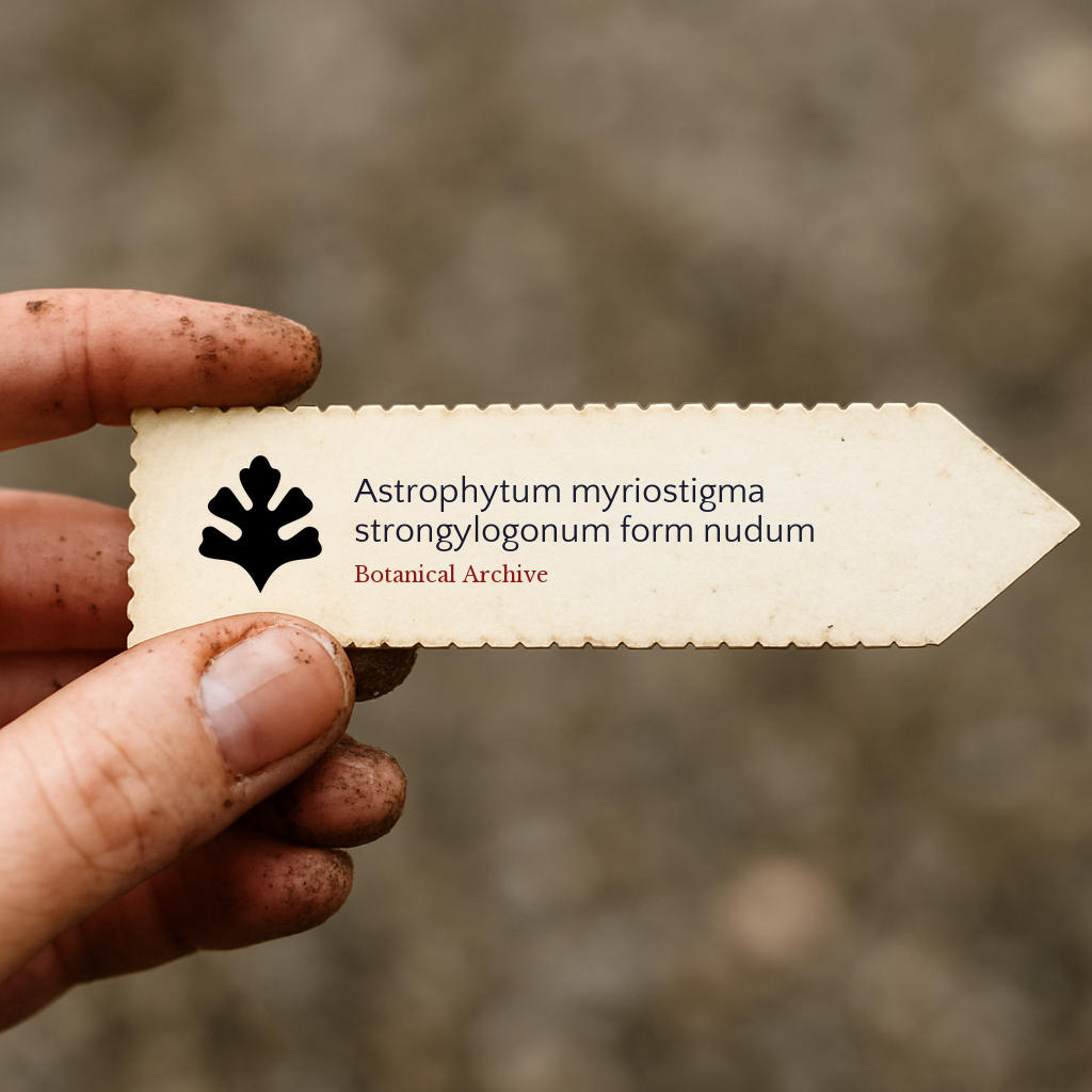 Printed plant label for Astrophytum myriostigma strongylogonum form nudum held by hand