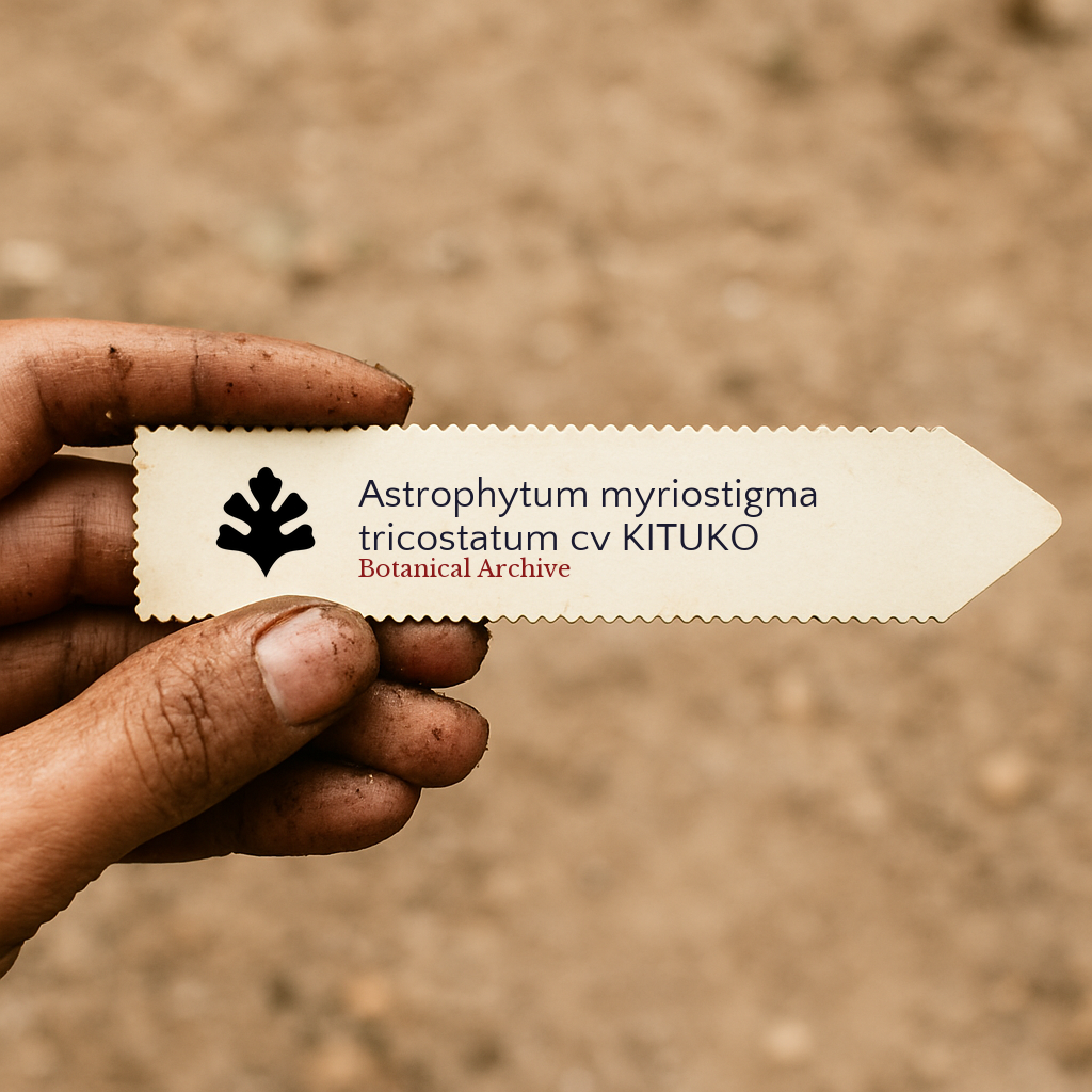 Printed plant label for Astrophytum myriostigma tricostatum cv KITUKO held by dirty hand