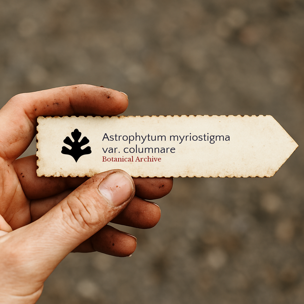 Etichetta stampata per pianta di Astrophytum myriostigma var. columnare tenuta in mano