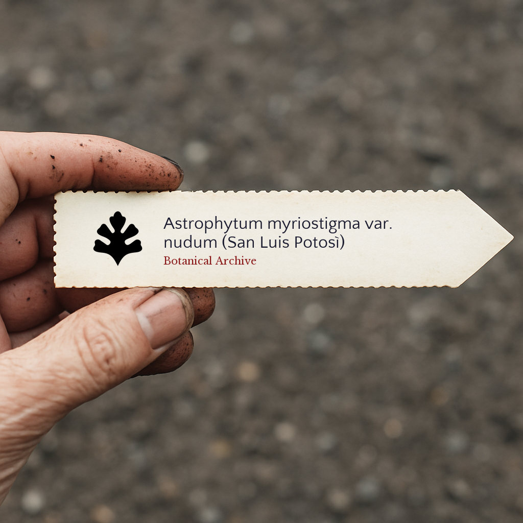 Printed plant label for Astrophytum myriostigma var. nudum held by dirty hand outdoors