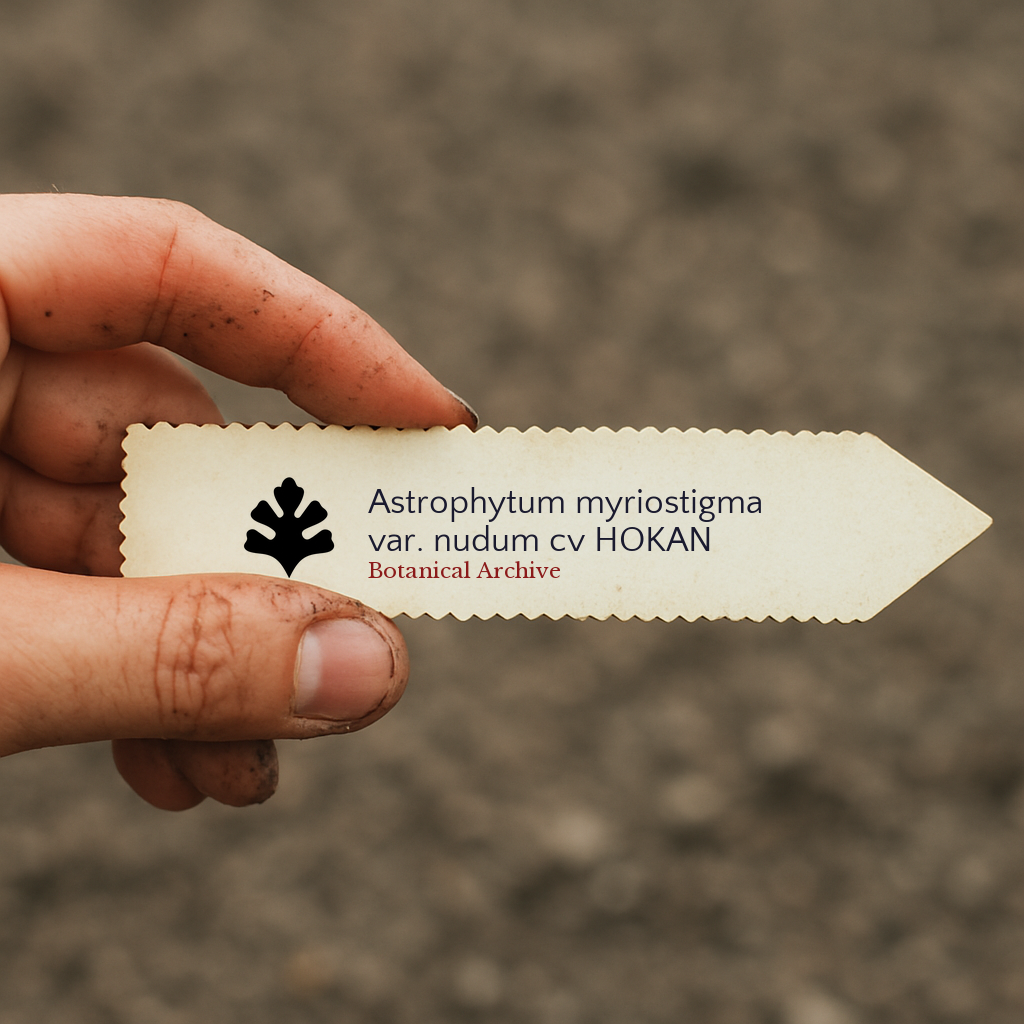 Printed plant label for Astrophytum myriostigma var. nudum cv HOKAN held by hand