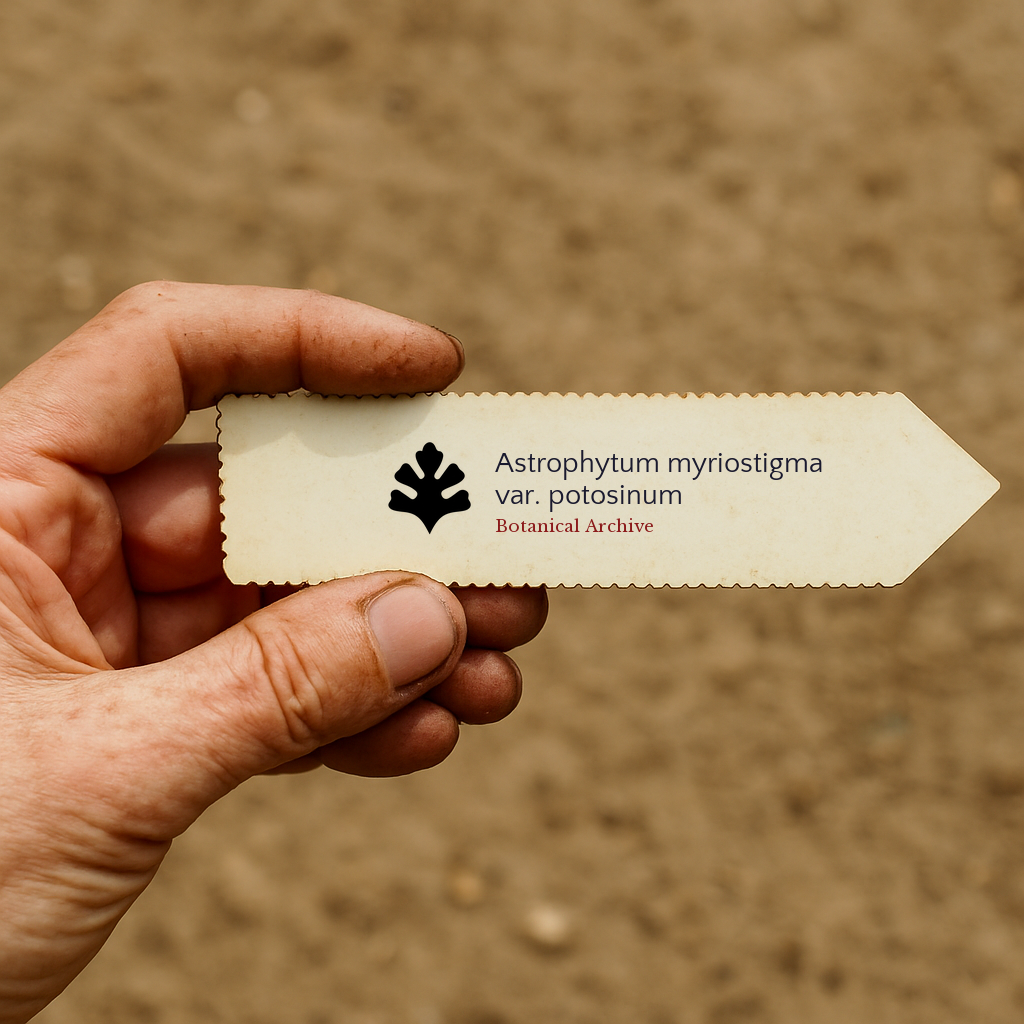 Printed plant label for Astrophytum myriostigma var. potosinum held by hand against soil background