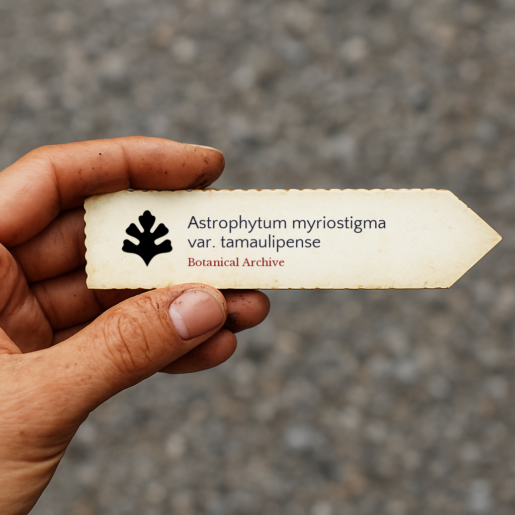 Printed plant label for Astrophytum myriostigma var. tamaulipense held by hand with dirt background