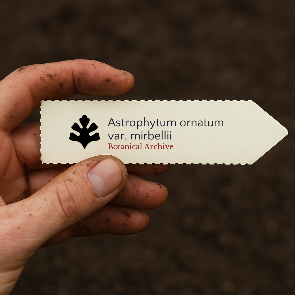 Printed plant label for Astrophytum ornatum var. mirbellii held by dirty hand outdoors