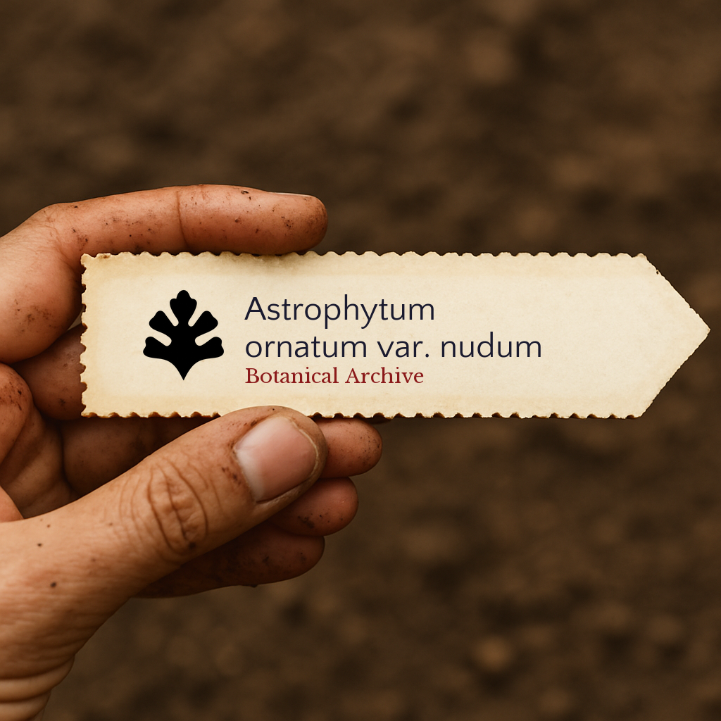 Printed plant label for Astrophytum ornatum var. nudum held in dirty hand over soil background