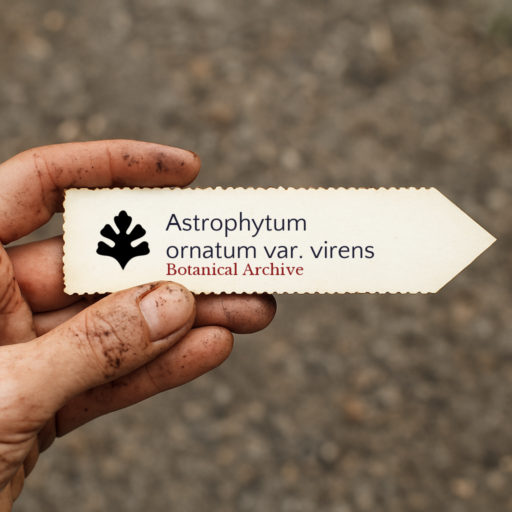 Printed plant label for Astrophytum ornatum var. virens held by dirty hand outdoors