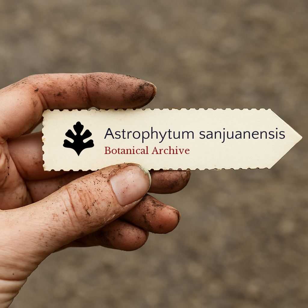 Printed plant label for Astrophytum sanjuanensis held by dirty hand outdoors