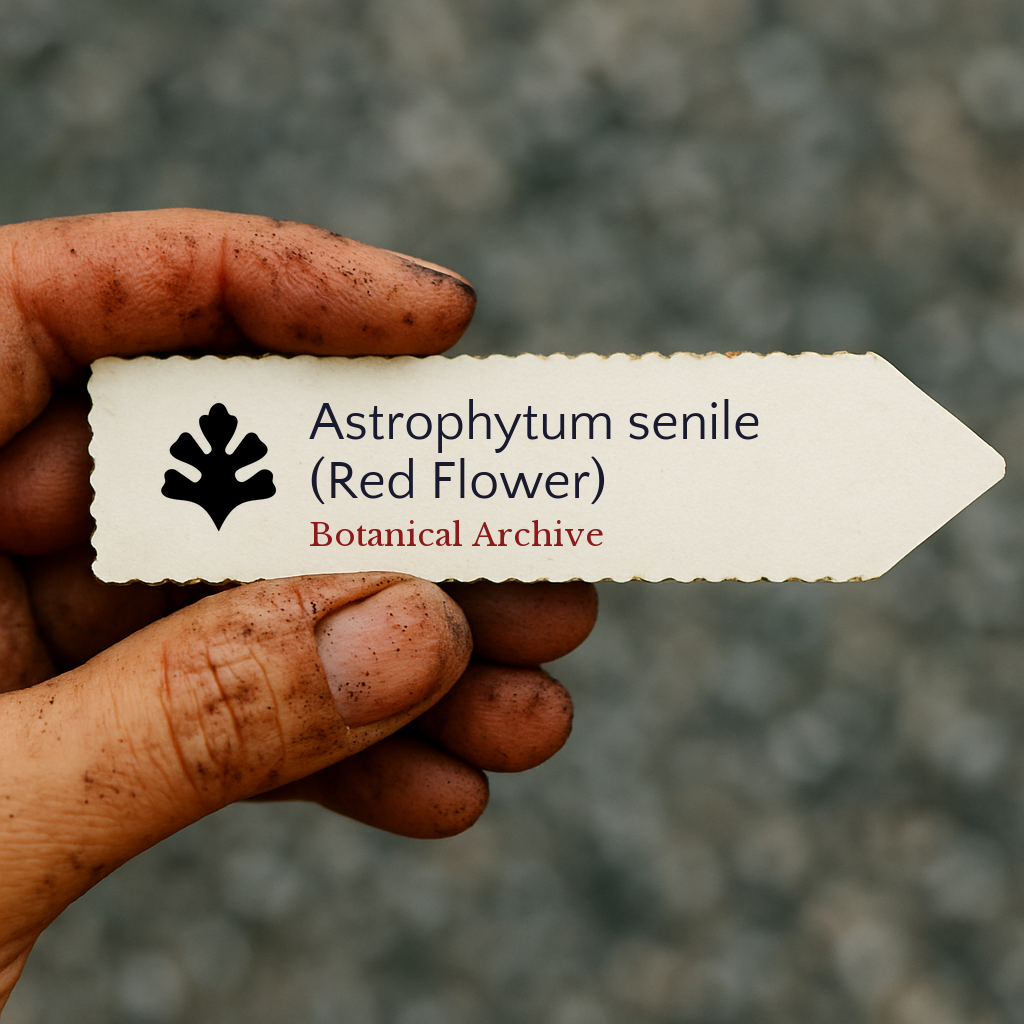 Printed plant label for Astrophytum senile held by dirty hand on blurred background