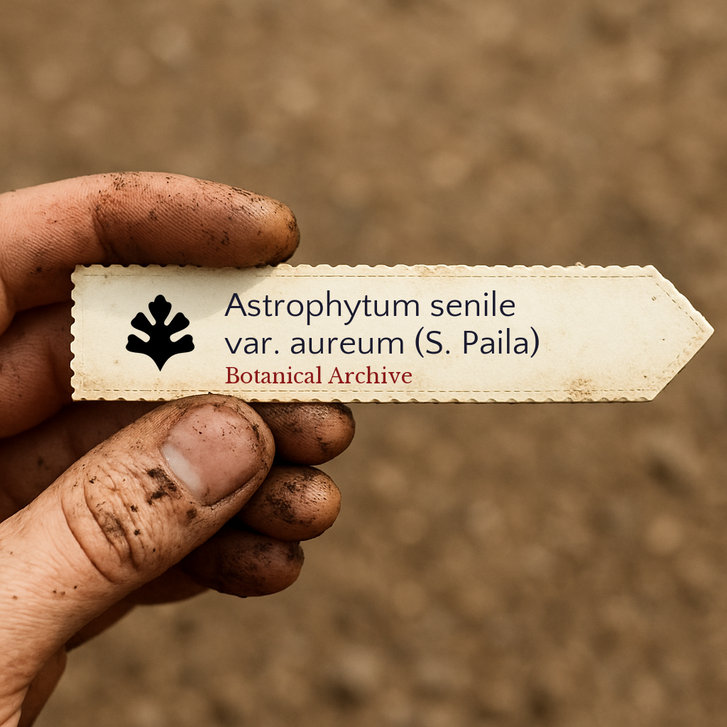 Printed plant label for Astrophytum senile var. aureum held by dirty hand outdoors
