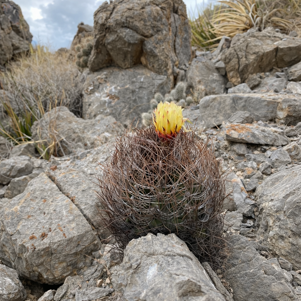 Cactus Astrophytum senile con spine marroni dense e fiore giallo in ambiente desertico roccioso