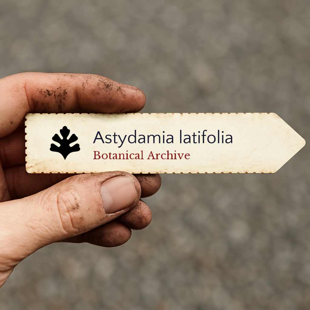 Etichetta a stampa per pianta di Astydamia latifolia tenuta in mano con terra sulle dita