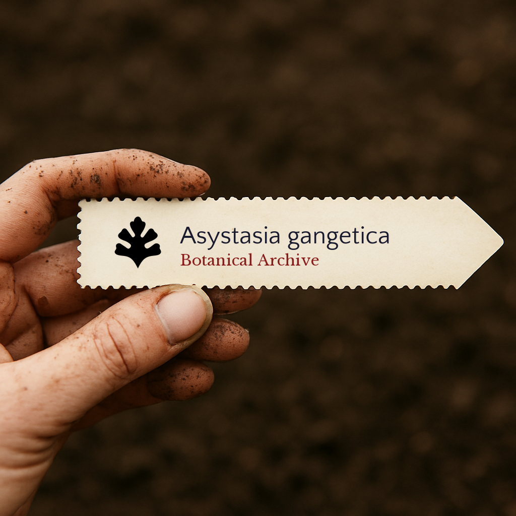 Etichetta stampata per pianta di Asystasia gangetica tenuta da mano sporca su sfondo di terreno