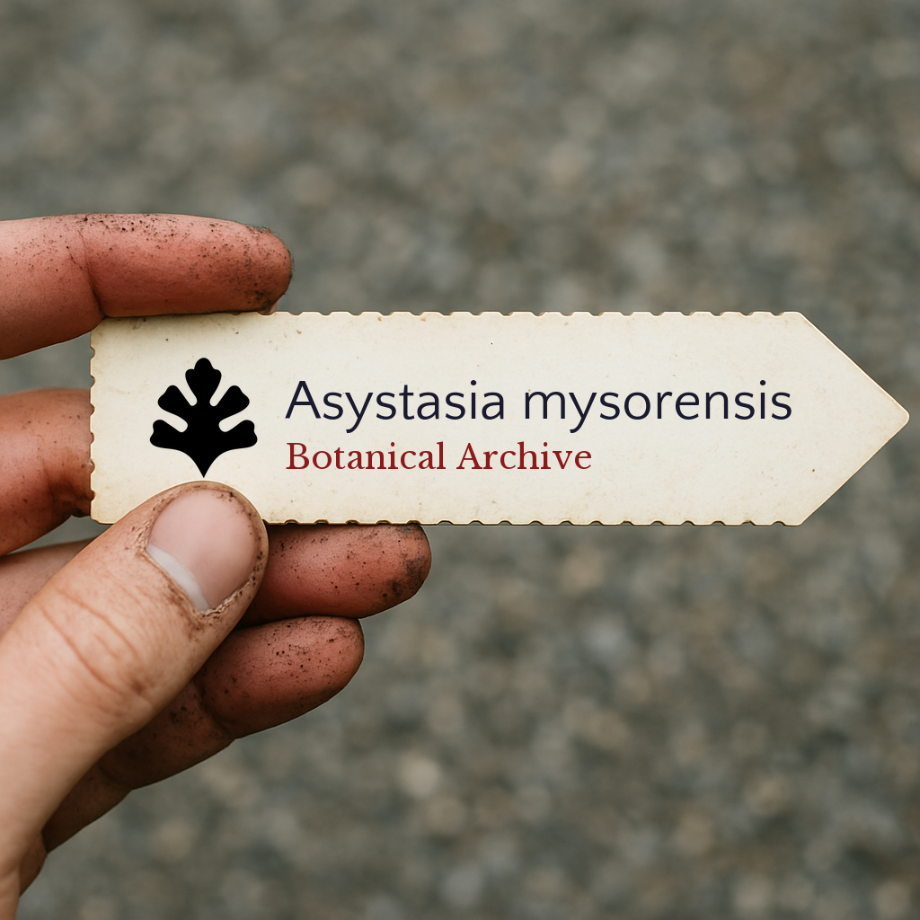 Printed plant label for Asystasia mysorensis held by dirty hand outdoors