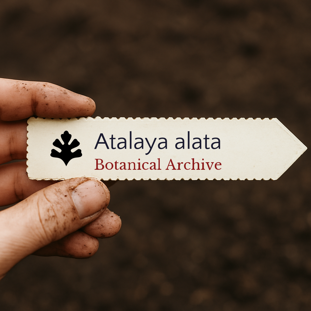 Etichetta per pianta stampata per Atalaya alata tenuta da mano sporca su sfondo di terra