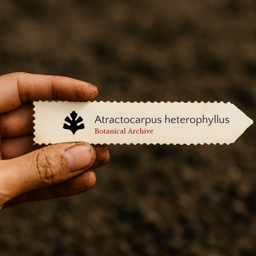 Printed plant label for Atractocarpus heterophyllus held by hand with soil background