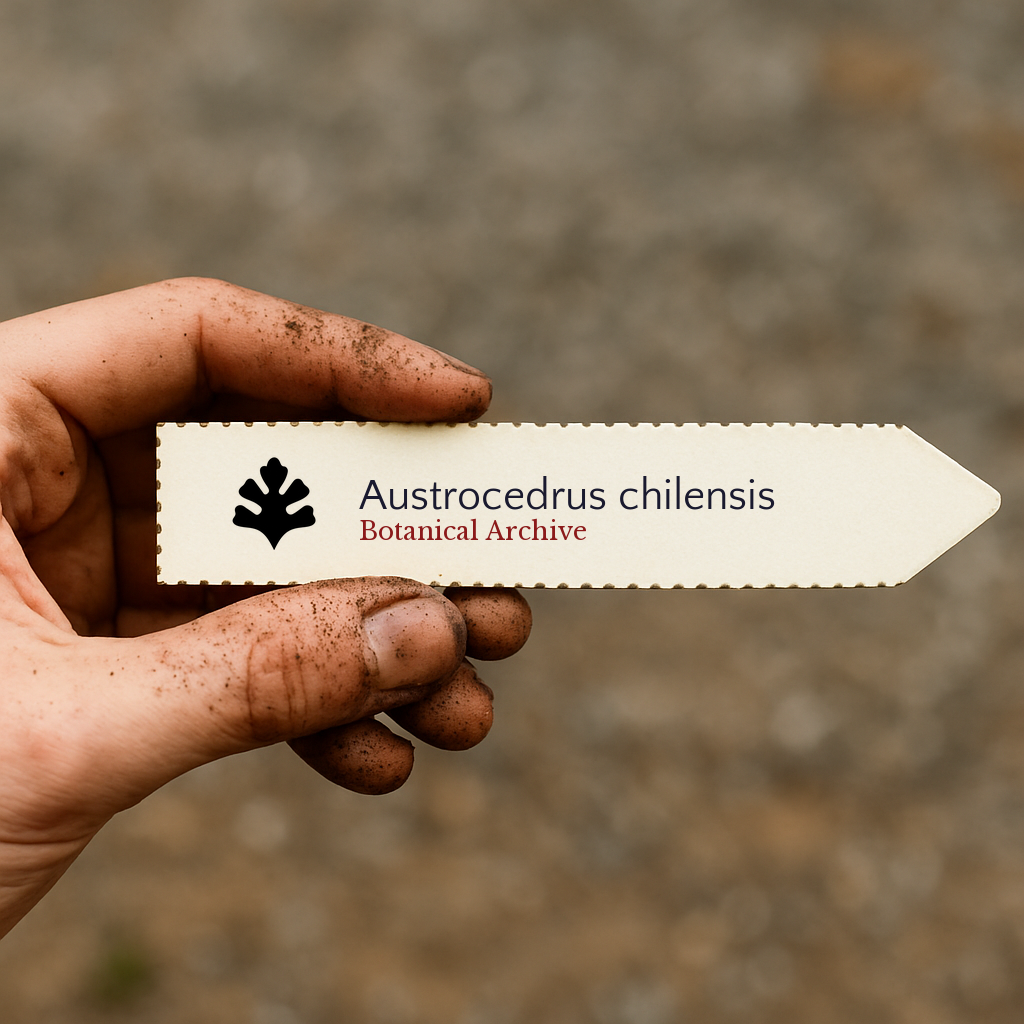 Etichetta vegetale stampata per Austrocedrus chilensis tenuta da mano sporca all'aperto