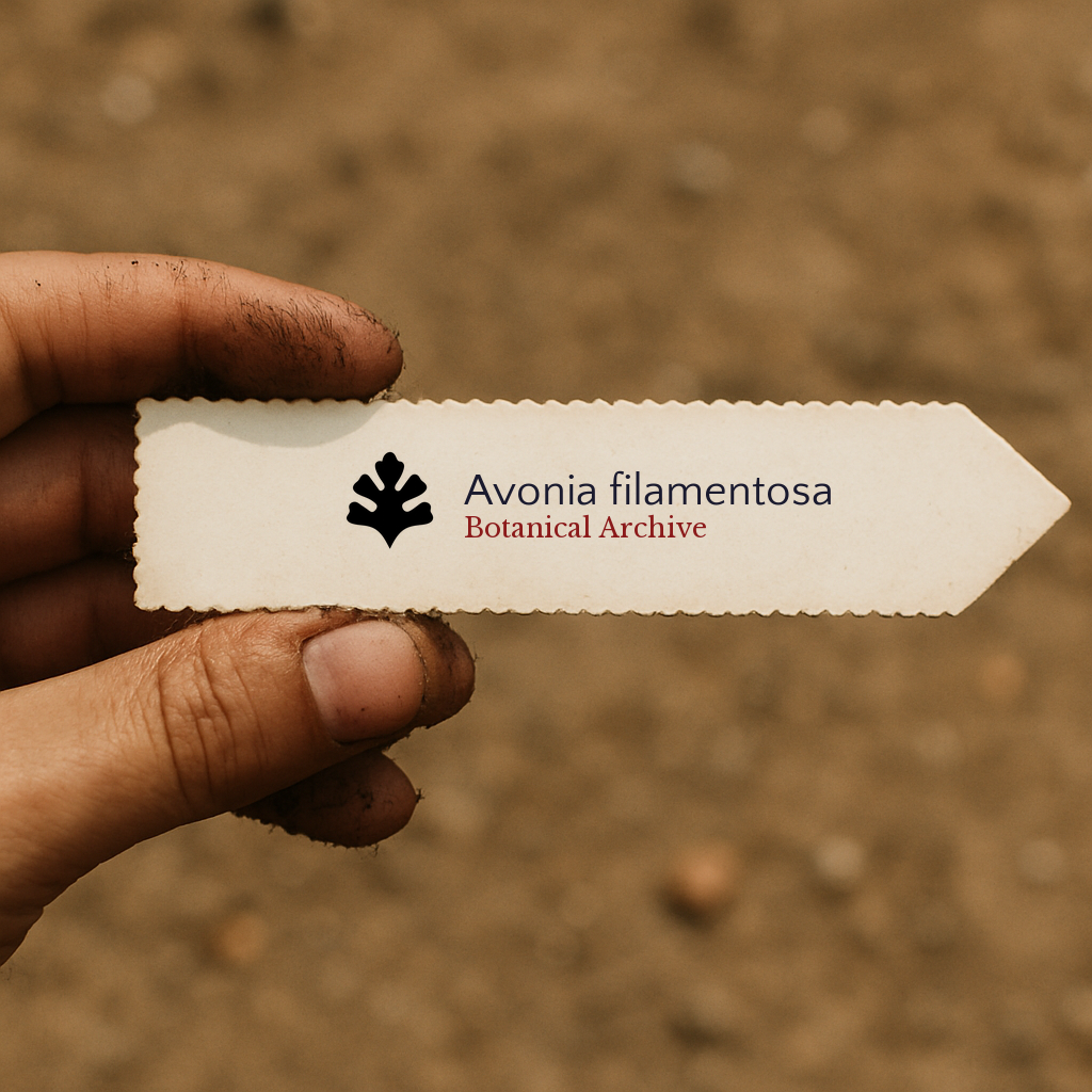 Printed plant label for Avonia filamentosa held by hand with soil background