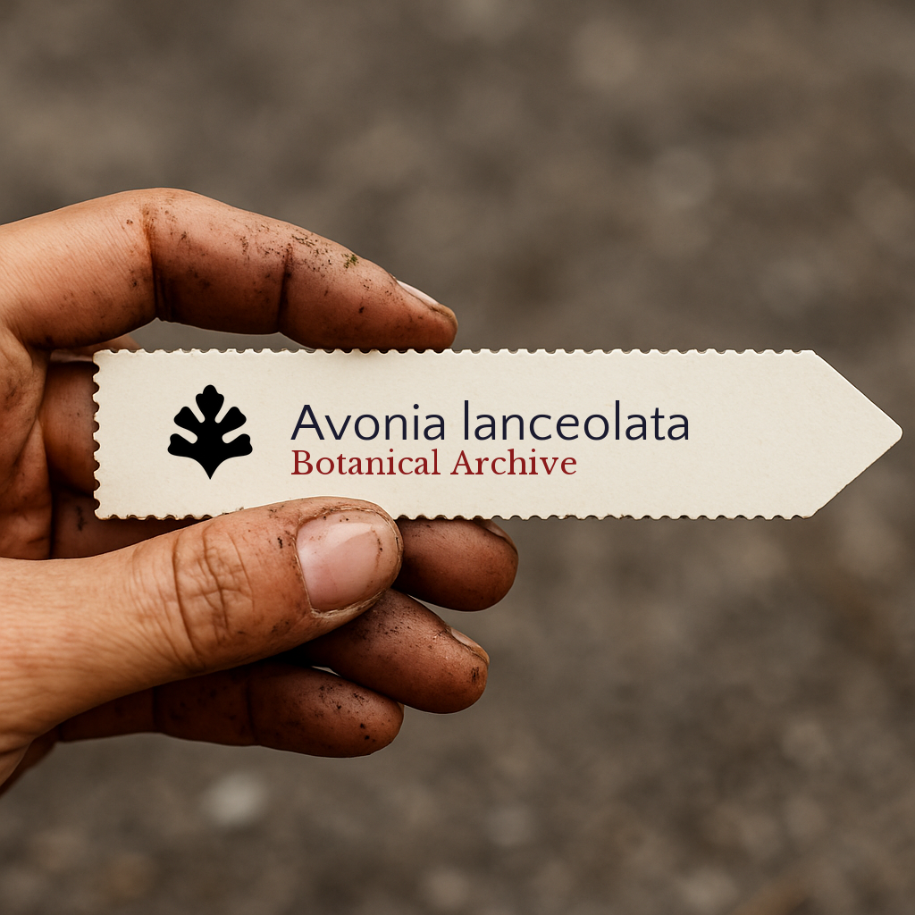 Printed plant label for Avonia lanceolata held by dirty hand outdoors