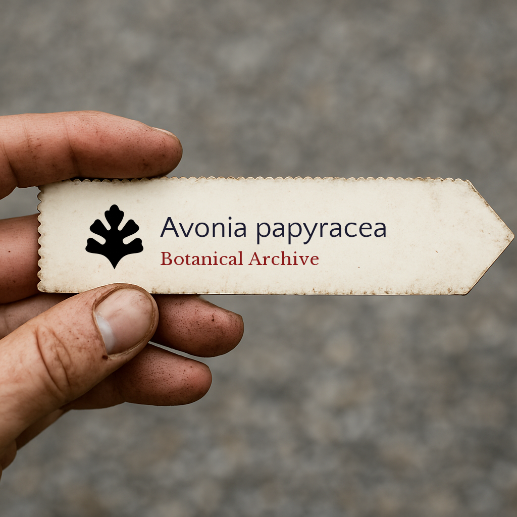 Printed plant label for Avonia papyracea held by hand with dirt on fingers