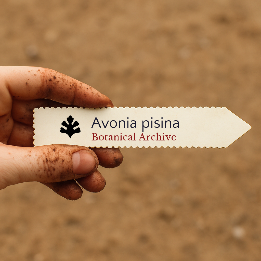 Printed plant label for Avonia pisina held by dirty hand over soil background