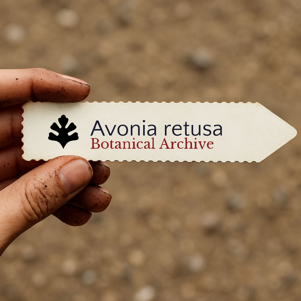 Printed plant label for Avonia retusa held by hand with soil background