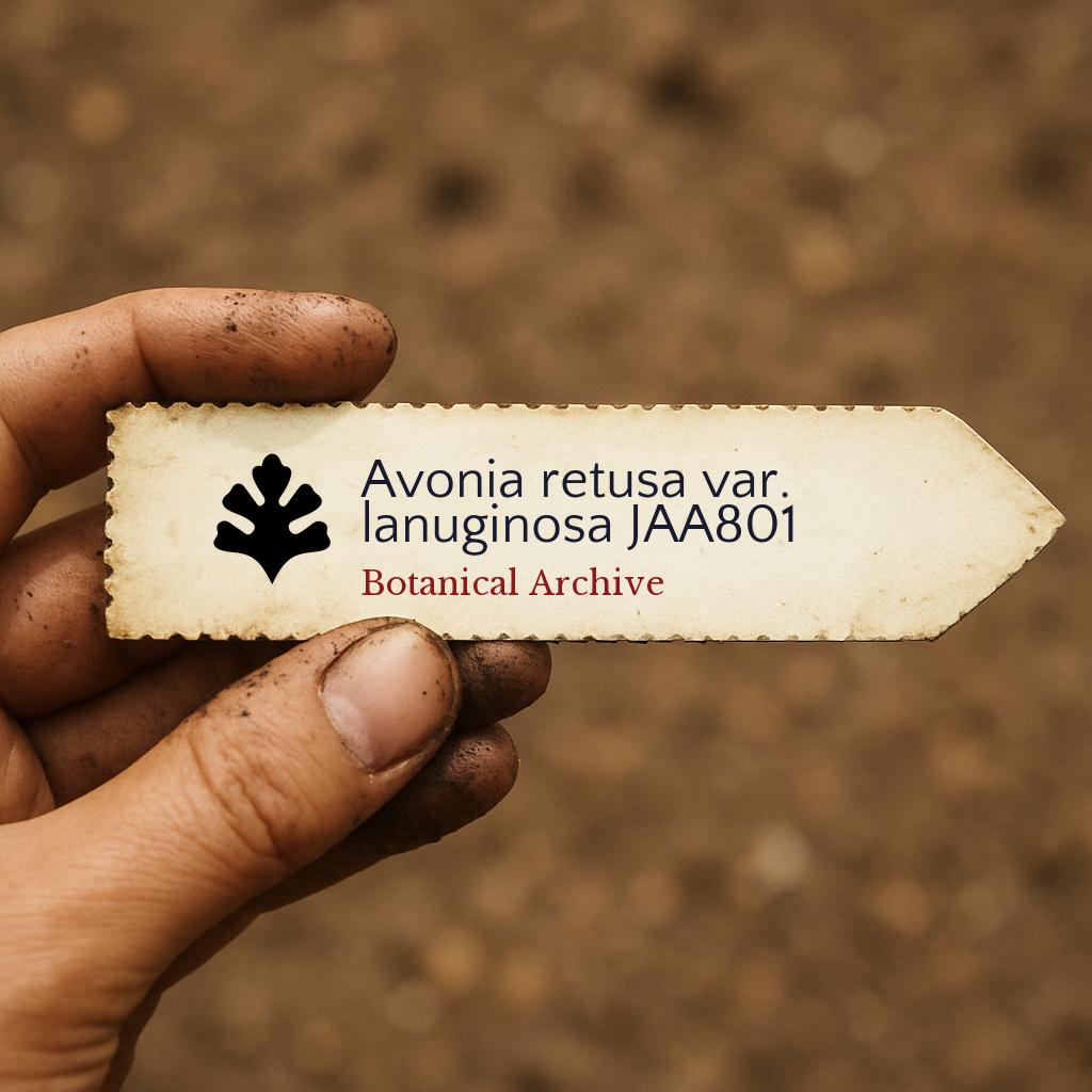 Printed plant label for Avonia retusa var. lanuginosa held by dirty hand over soil background