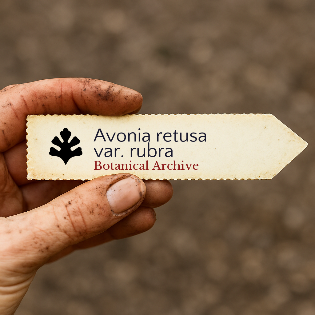 Printed plant label for Avonia retusa var. rubra held by dirty hand outdoors