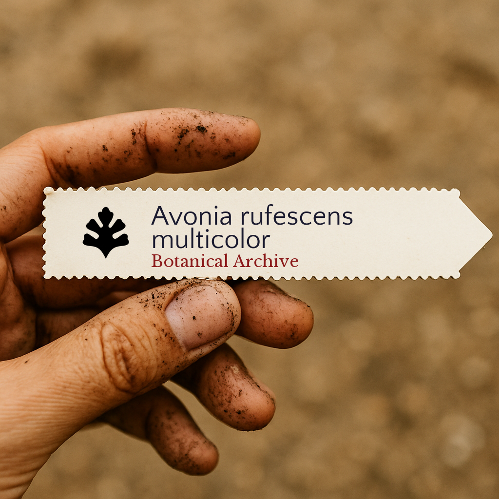 Printed plant label for Avonia rufescens multicolor held by dirty hand outdoors