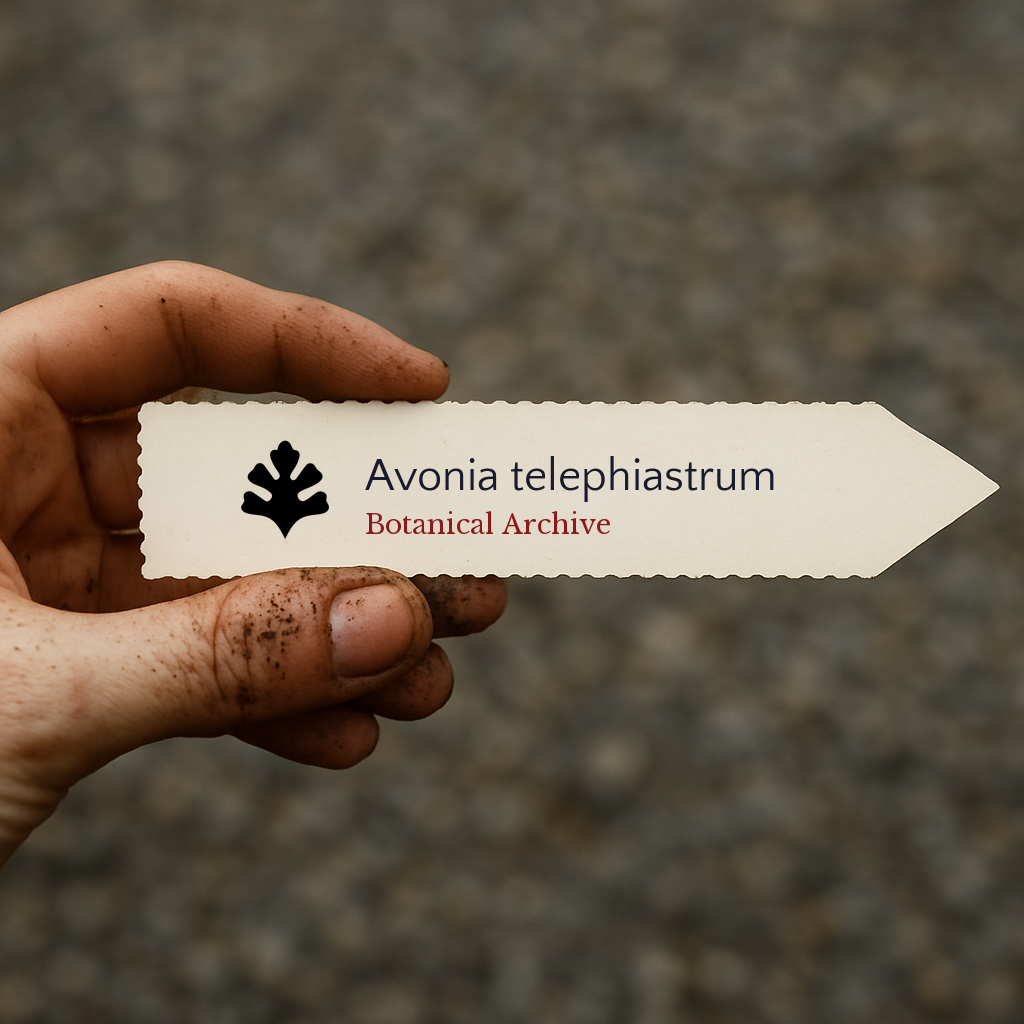 Etichetta per piante stampata per Avonia telephiastrum tenuta da una mano sporca con sfondo sfocato