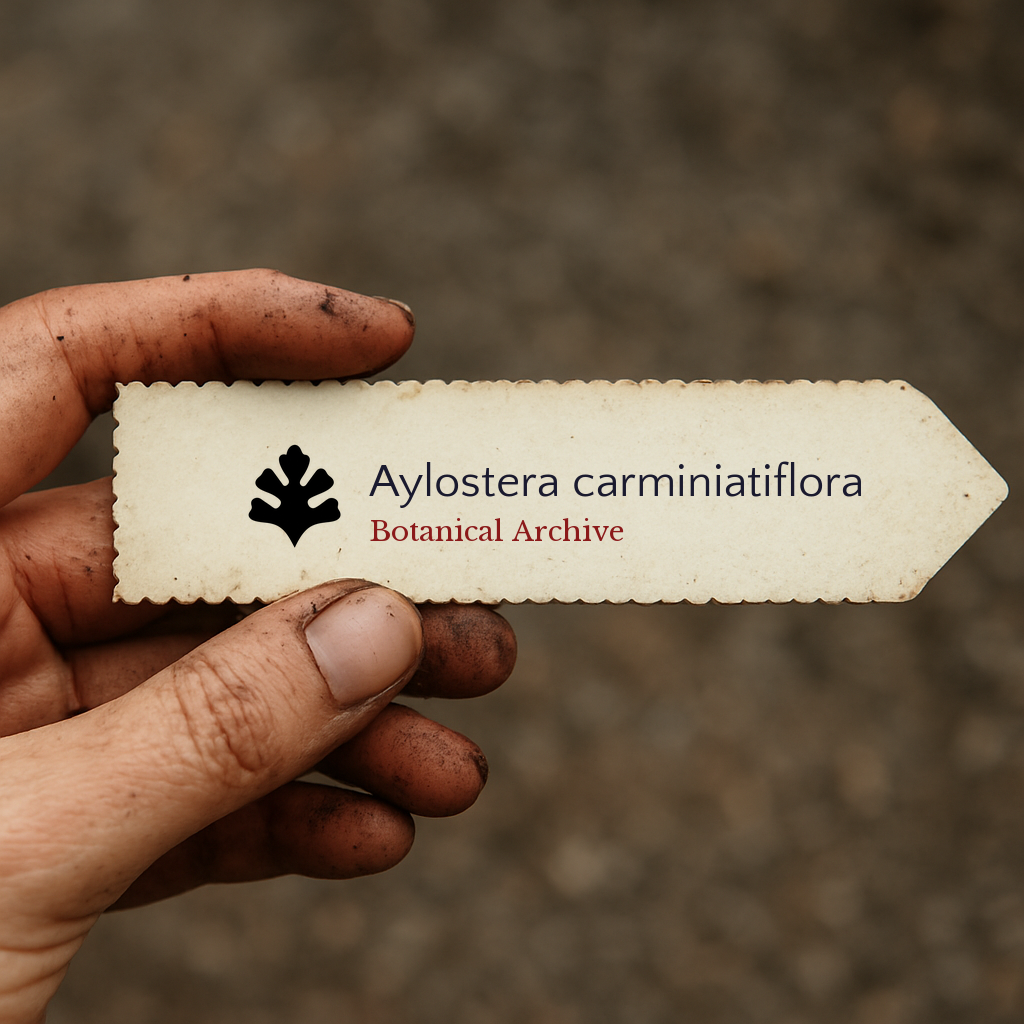 Etichetta per pianta stampata per Aylostera carminiatiflora tenuta da mano sporca