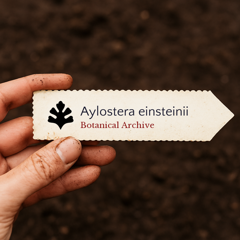 Etichetta stampata per pianta di Aylostera einsteinii su sfondo di terreno