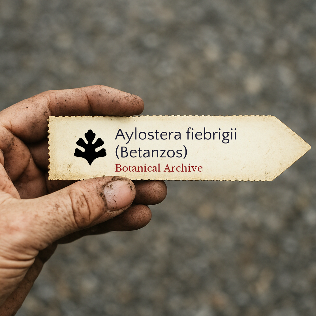 Etichetta per pianta stampata per Aylostera fiebrigii (Betanzos) tenuta da mano sporca all'aperto