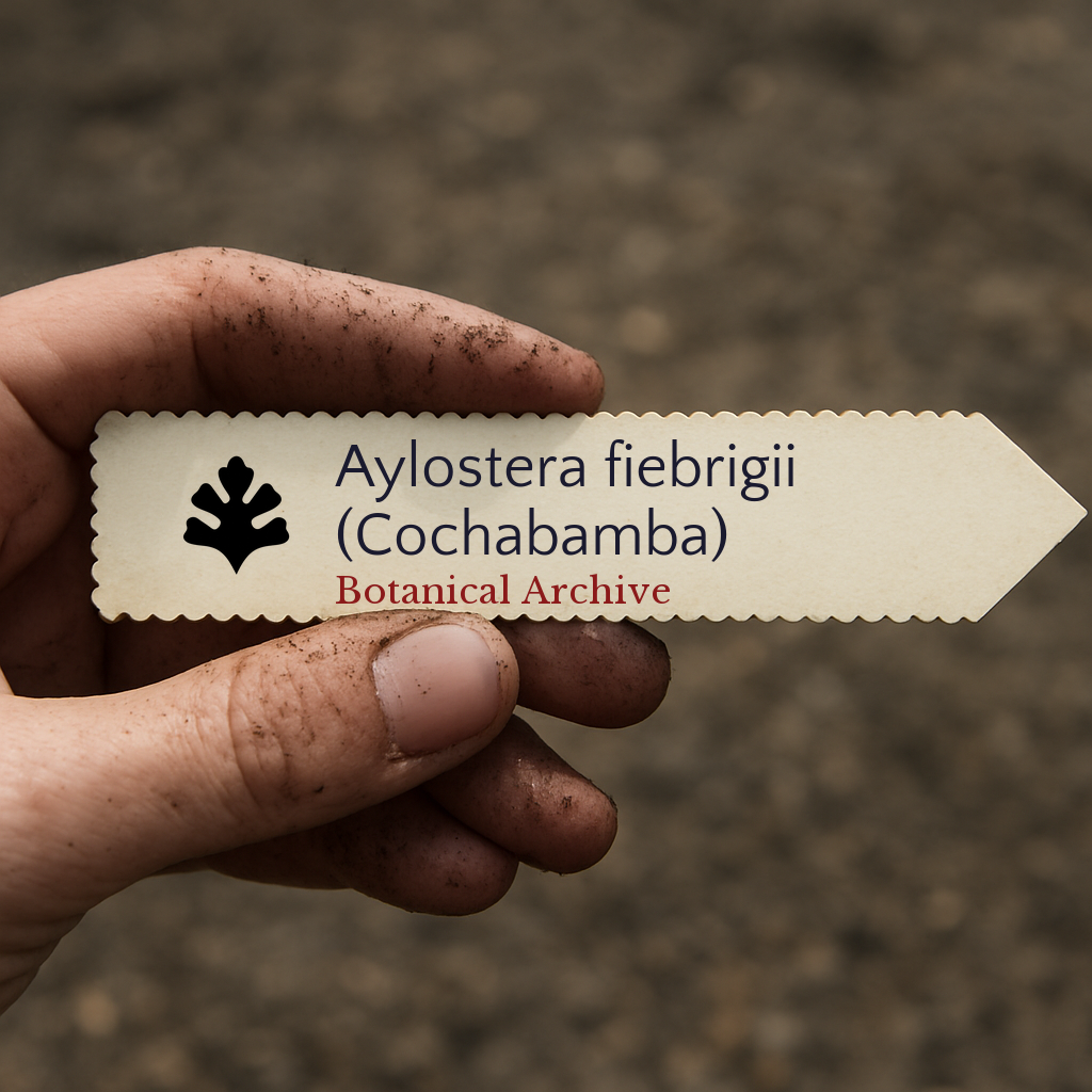 Printed plant label for Aylostera fiebrigii Cochabamba held by dirty hand outdoors