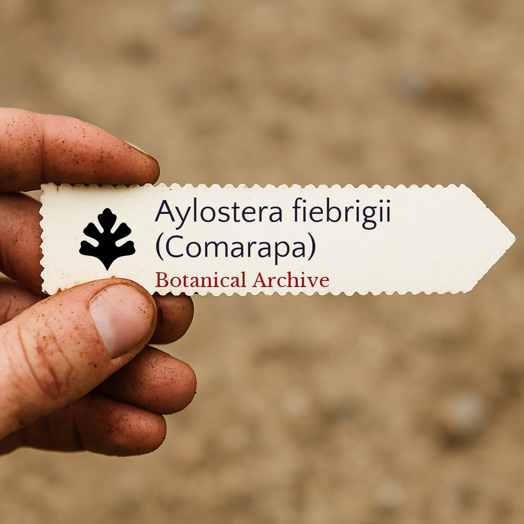 Etichetta per pianta stampata per Aylostera fiebrigii (Comarapa) tenuta a mano con sfondo di terra