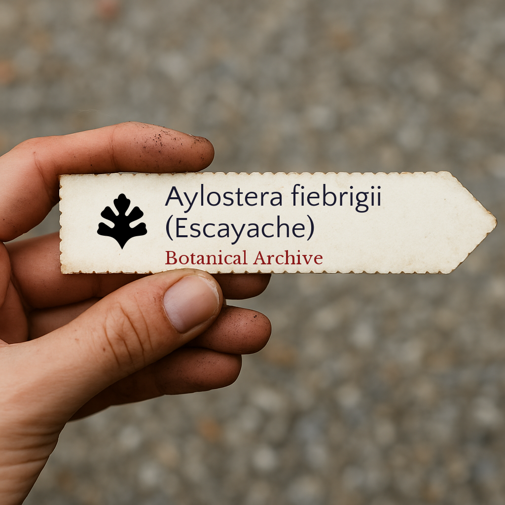 Printed plant label for Aylostera fiebrigii (Escayache) held in hand with dirt-stained fingers