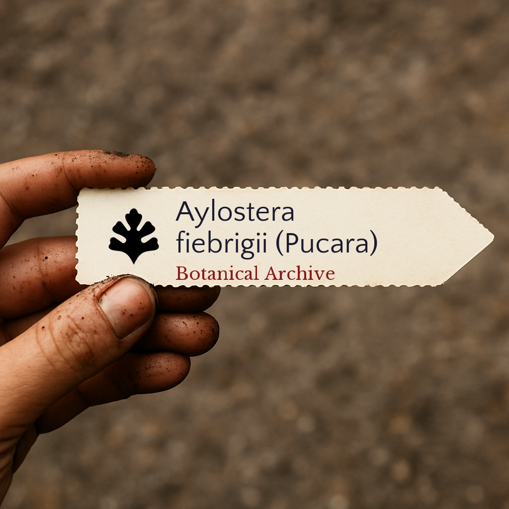 Etichetta per pianta stampata per Aylostera fiebrigii (Pucara) tenuta da una mano sporca all'aperto
