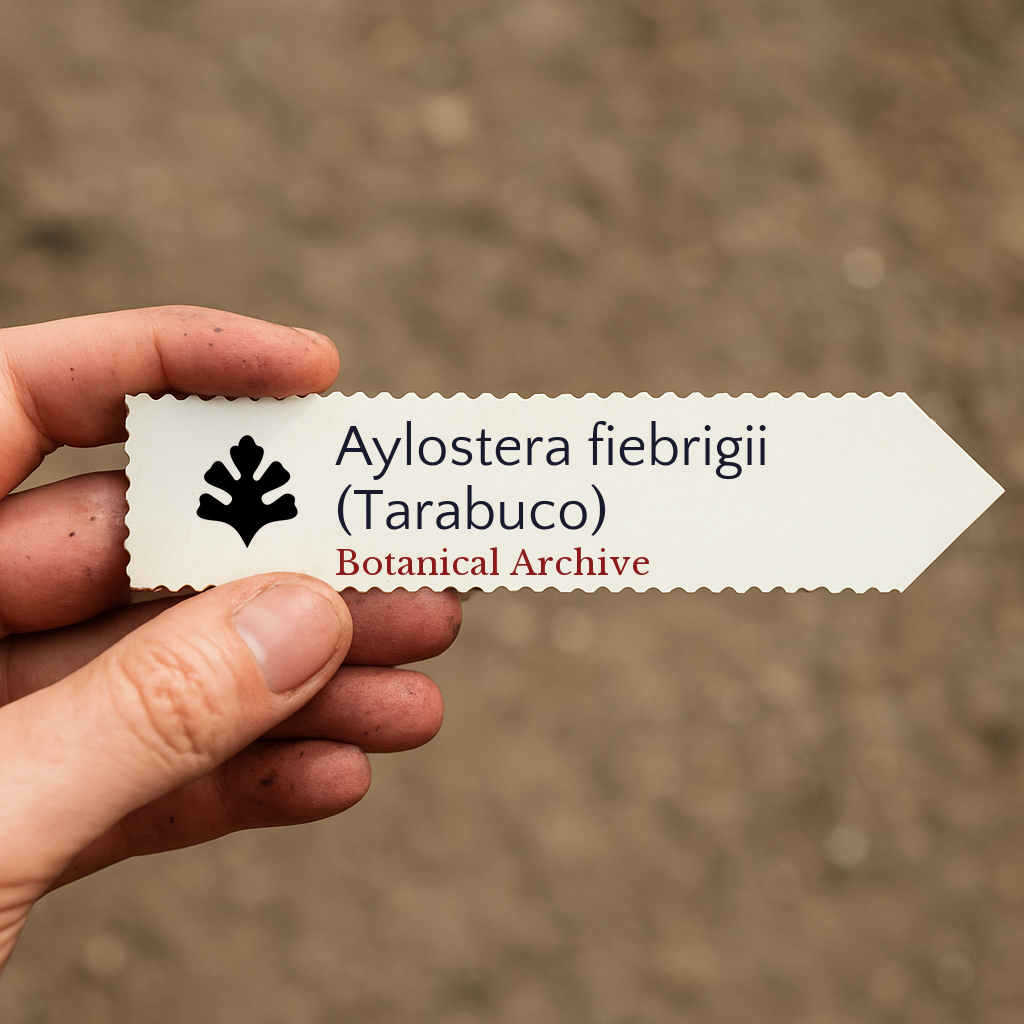 Printed plant label for Aylostera fiebrigii (Tarabuco) held in hand with soil background