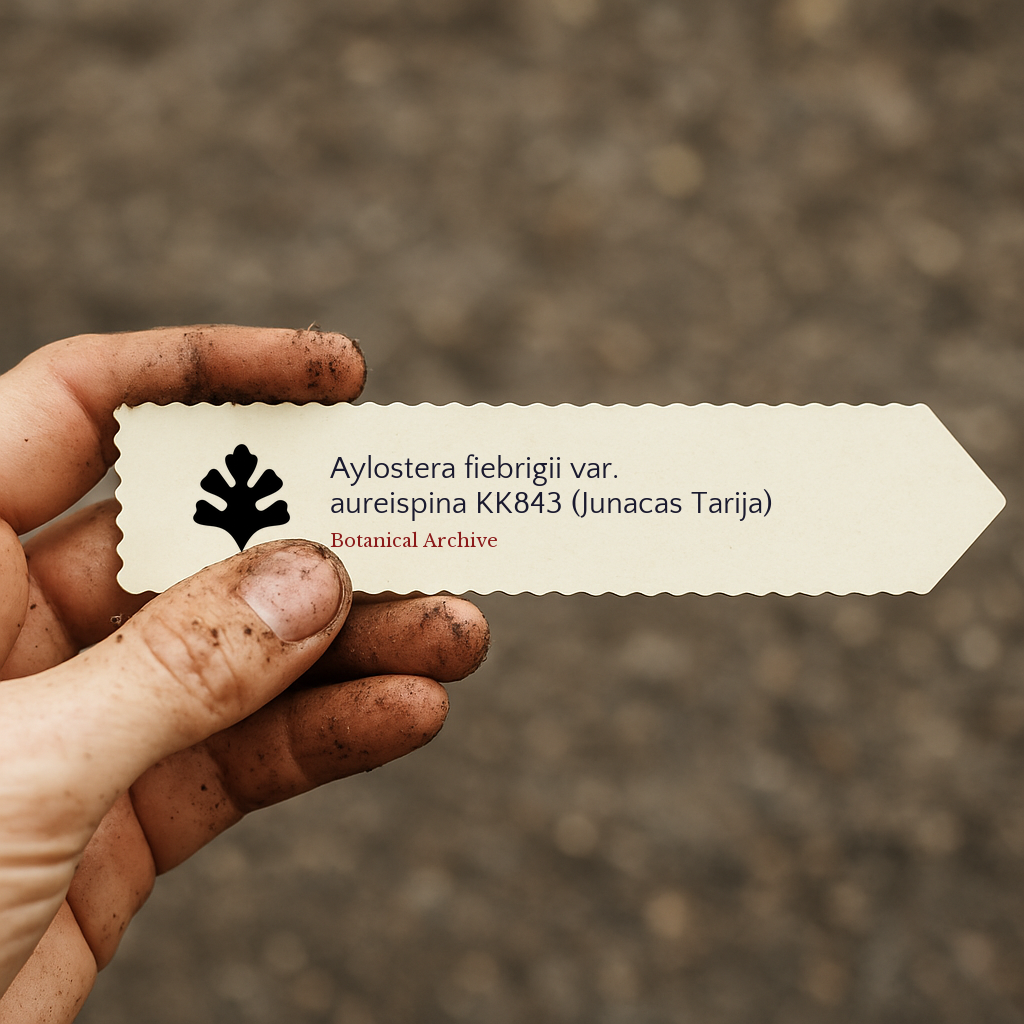 Plant label for Aylostera fiebrigii var. aureispina with botanical archive logo held in hand