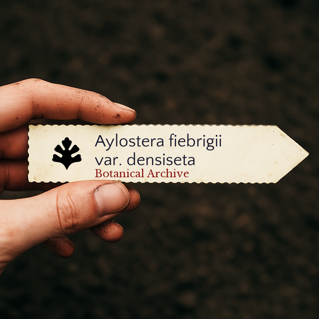 Printed plant label for Aylostera fiebrigii var. densiseta held by dirty hand