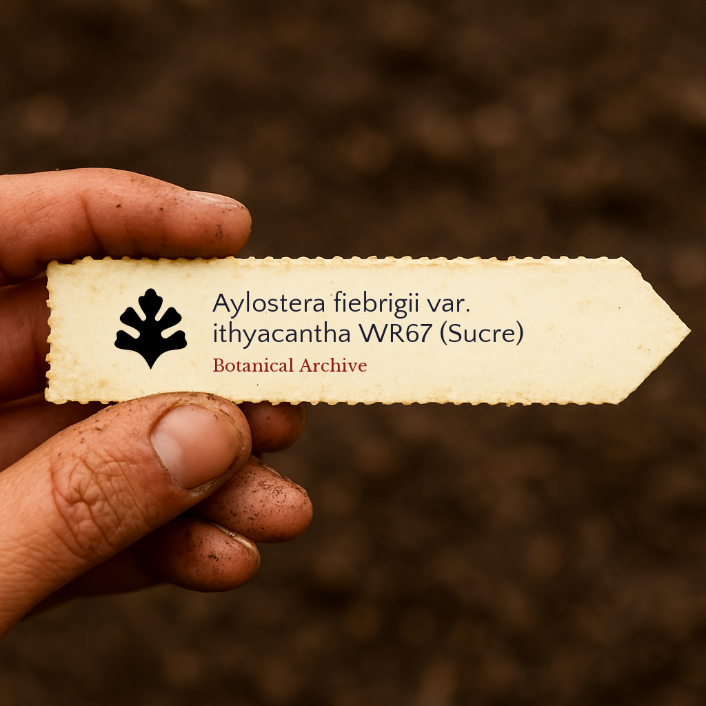 Printed plant label for Aylostera fiebrigii var. ithyacantha held in hand with soil background