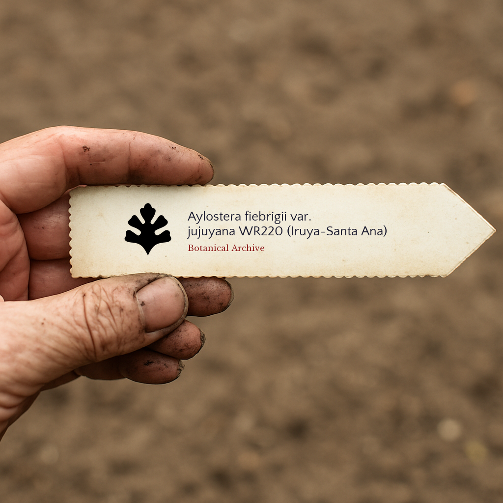 Printed plant label for Aylostera fiebrigii var. jujuyana held by dirty hand outdoors