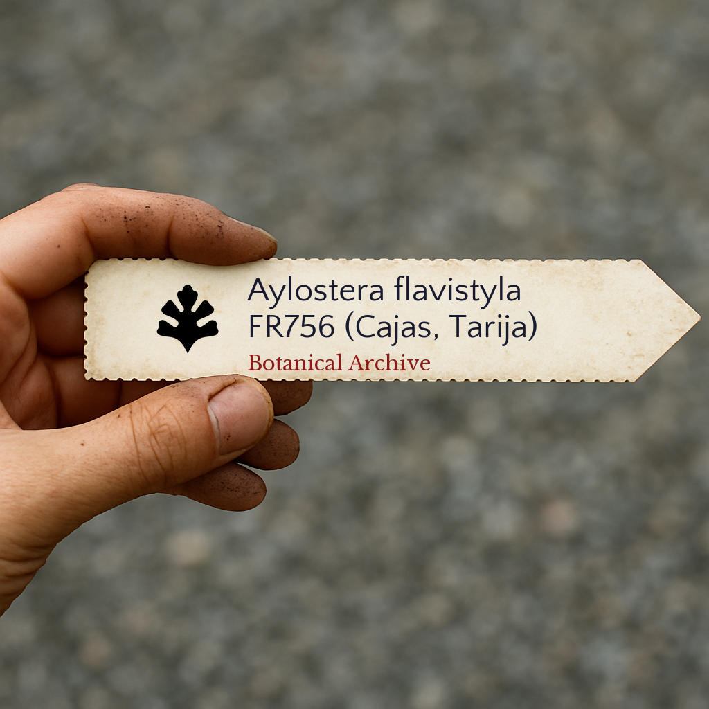 Printed plant label for Aylostera flavistyla held by hand with dirt background