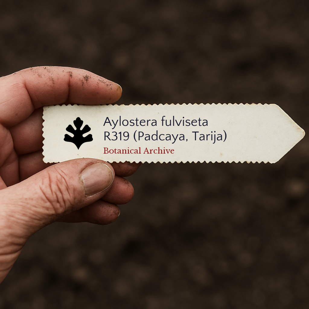 Printed plant label for Aylostera fulviseta held by hand over soil background