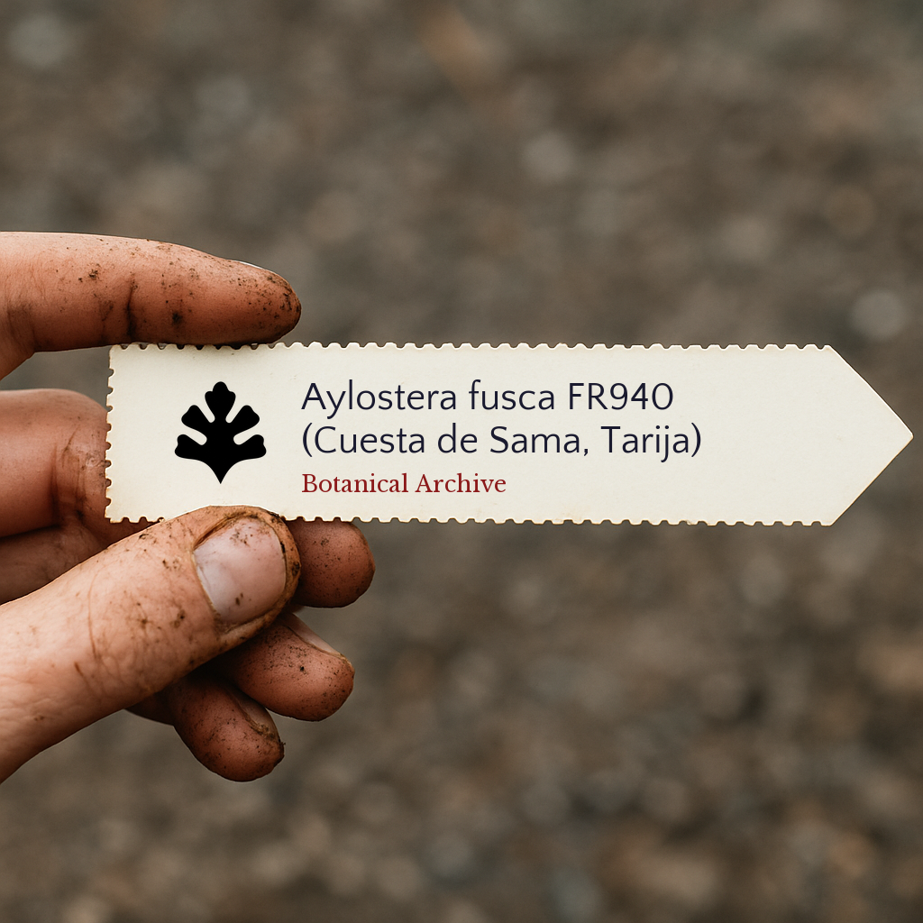 Printed plant label for Aylostera fusca FR940 held by dirty hand outdoors