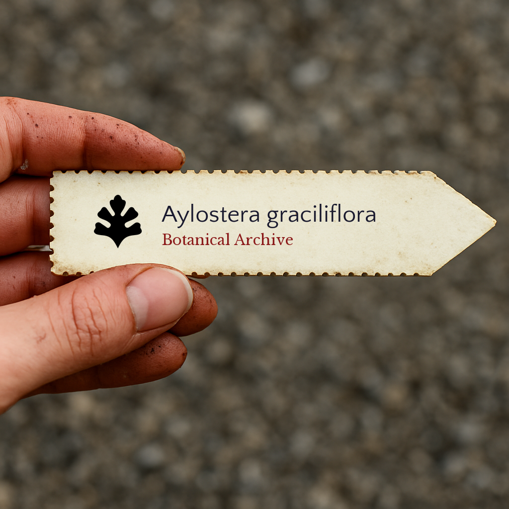 Etichetta per piante stampata per Aylostera graciliflora tenuta a mano con sfondo di terra