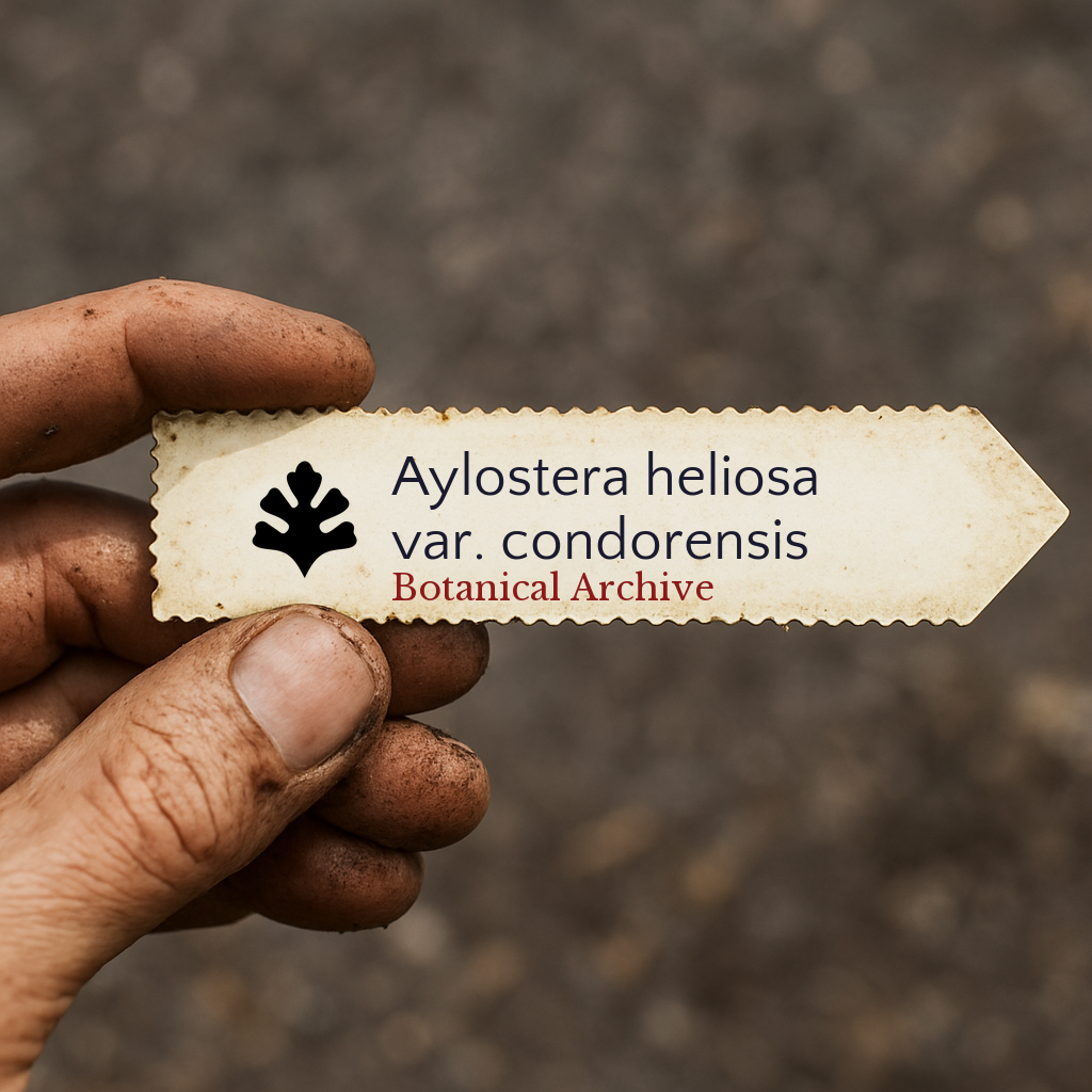 Printed plant label for Aylostera heliosa var. condorensis held by dirty hand outdoors