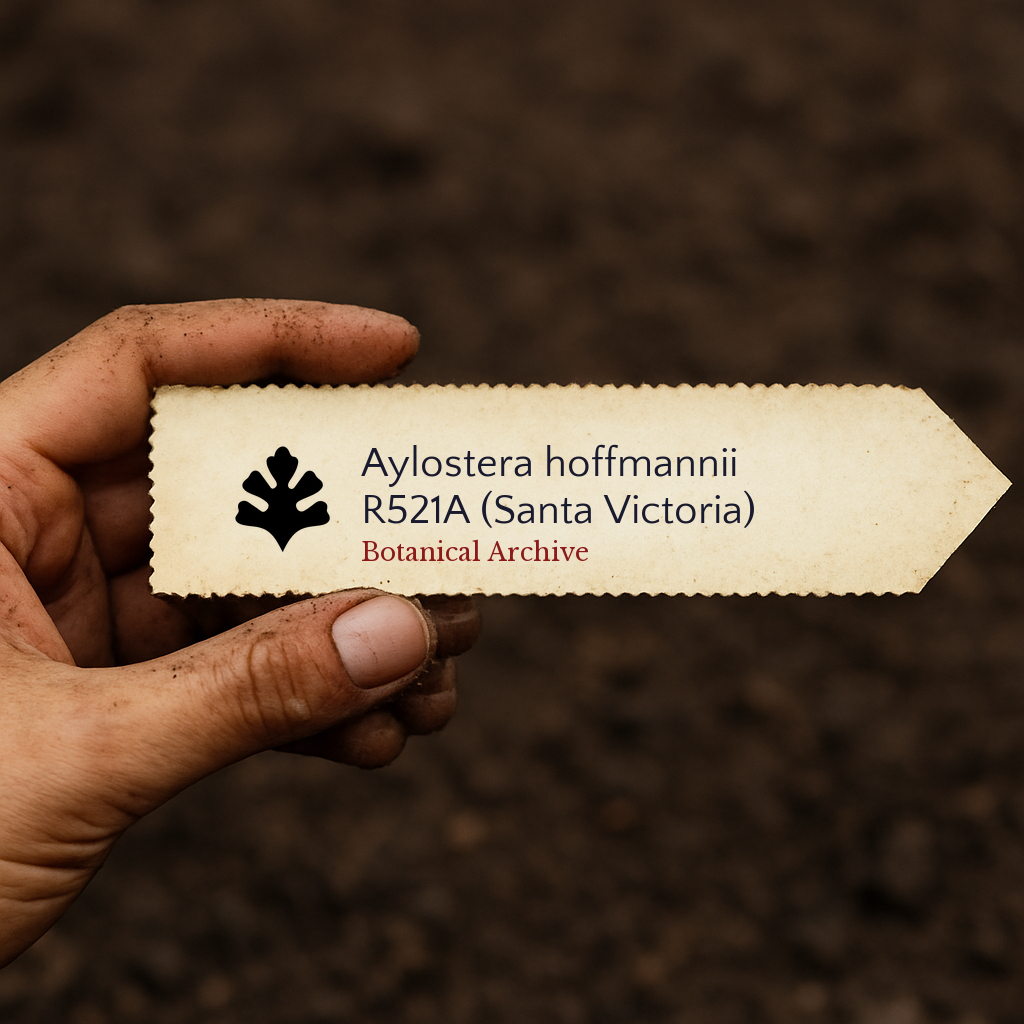 Printed plant label for Aylostera hoffmannii R521A (Santa Victoria) held in hand over soil background